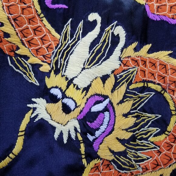 Lucky Kimono Bath Robe M Hand Embroidered Chinese Dragon Black Satin Tie Pockets - Picture 13 of 16
